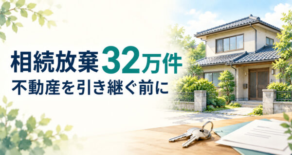 日本家屋と鍵・書類を描いたイメージ画像。「相続放棄32万件 不動産を引き継ぐ前に」の文字入り
